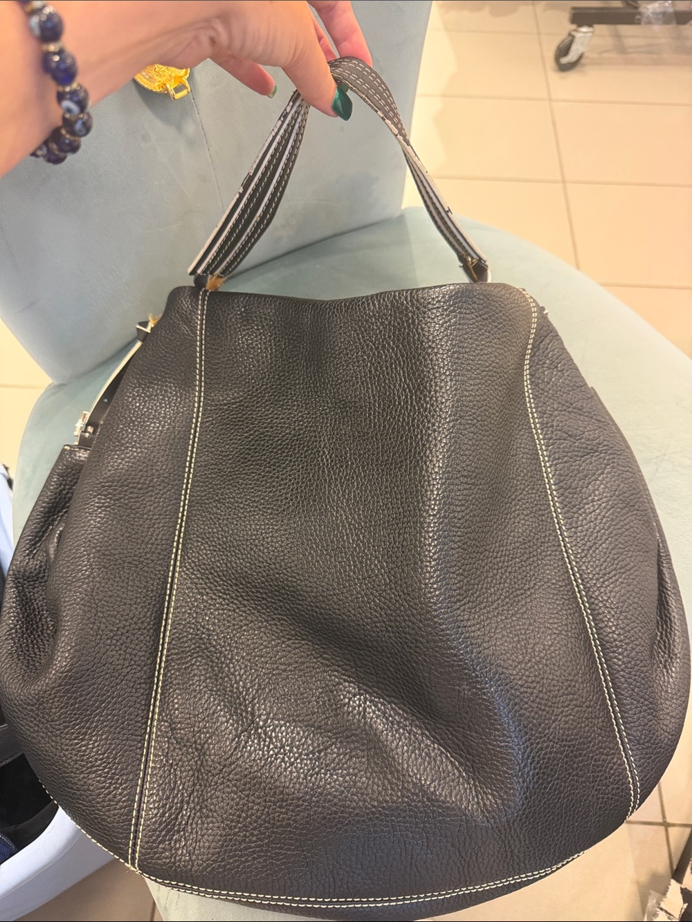 Maxx New York Black Pebbled Leather Hobo with Contrast Stitching